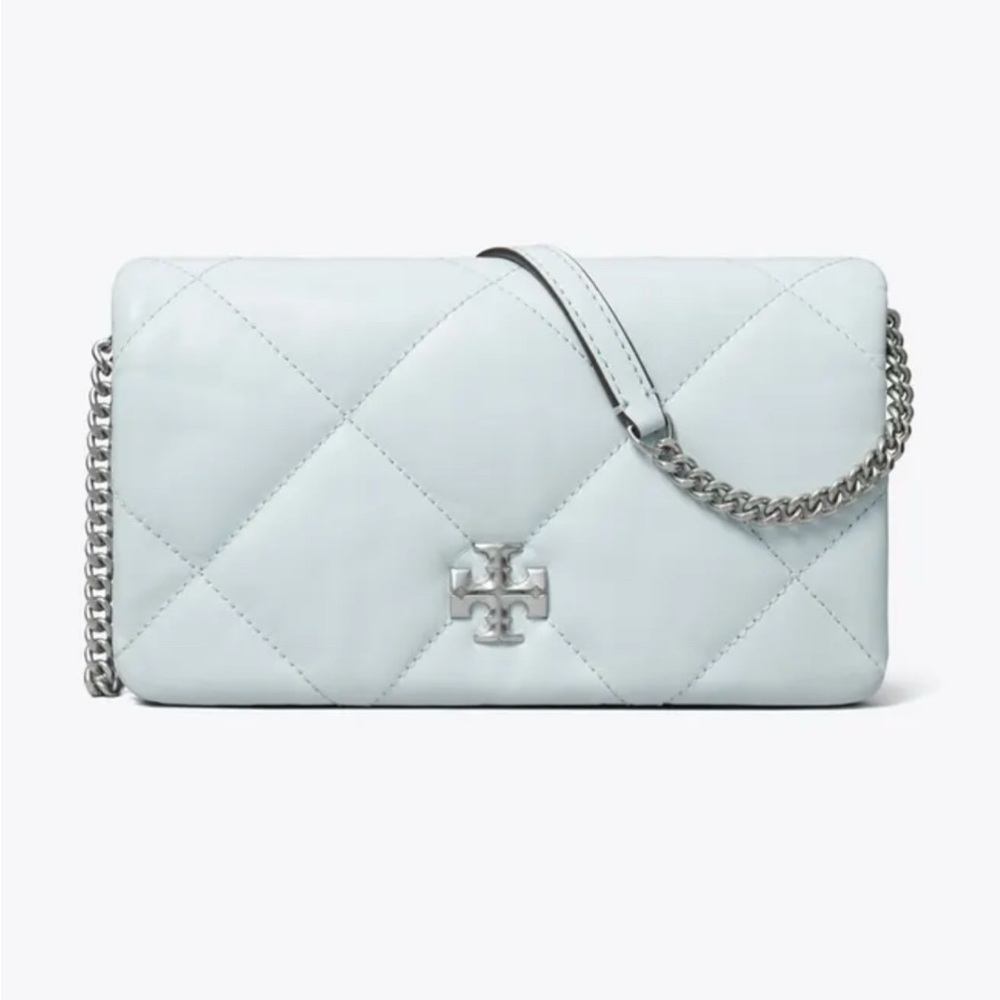 TORY BURCH KIRA DIAMOND QUILT CHAIN WALLET ICE BLUE